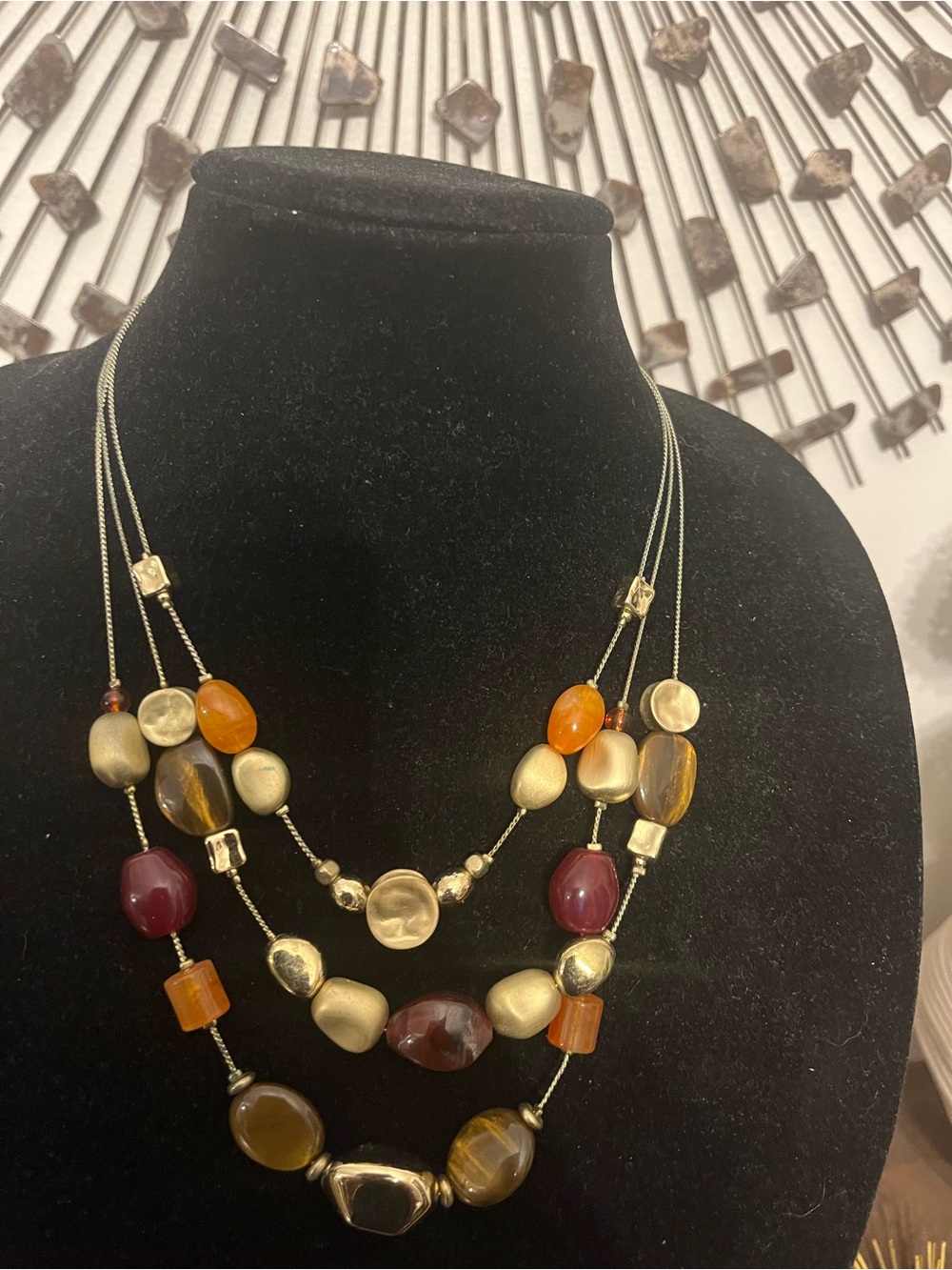 Chico’s Multi-Strand Gold Tone Bead Necklace with Amber and Burgundy Accents New